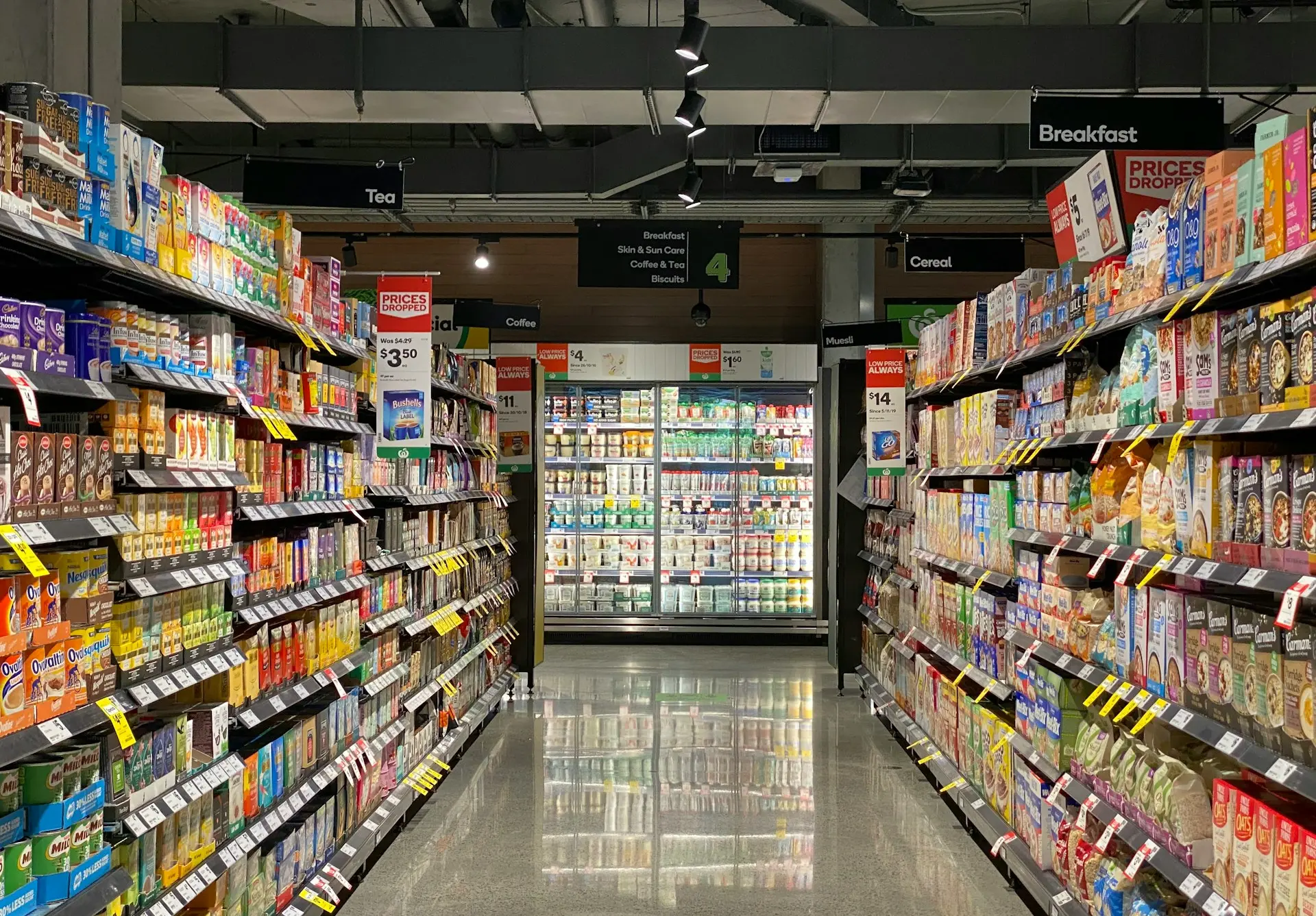 white and red labeled pack on white shelf